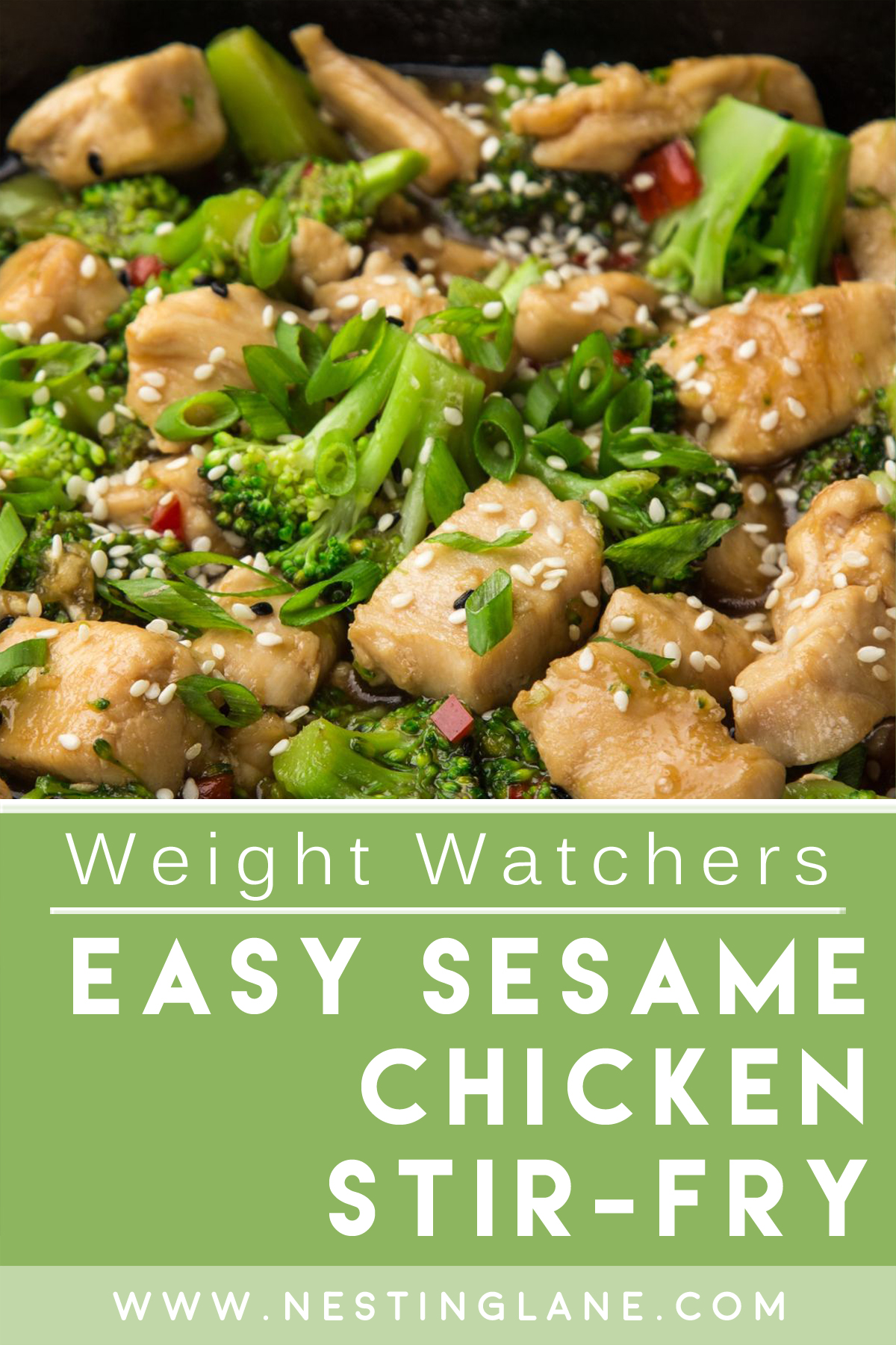 Graphic for Pinterest of Easy Weight Watchers Sesame Chicken Stir-Fry Recipe.