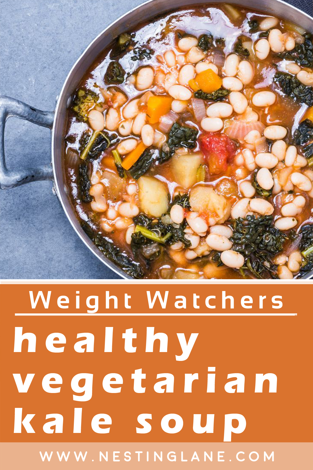 Graphic for Pinterest of Healthy Vegetarian Weight Watchers Kale Soup Recipe.