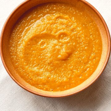 Closeup, overhead view of Easy Weight Watchers Pumpkin Sauce in a bowl.