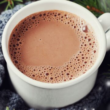Closeup of Quick Weight Watchers Coconut Hot Chocolate in a white mug.