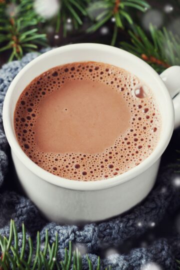 Closeup of Quick Weight Watchers Coconut Hot Chocolate in a white mug.