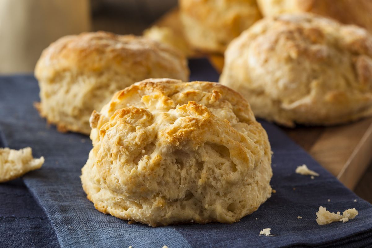 Quick and Easy Buttermilk Biscuits (Weight Watchers) on a blue surface.