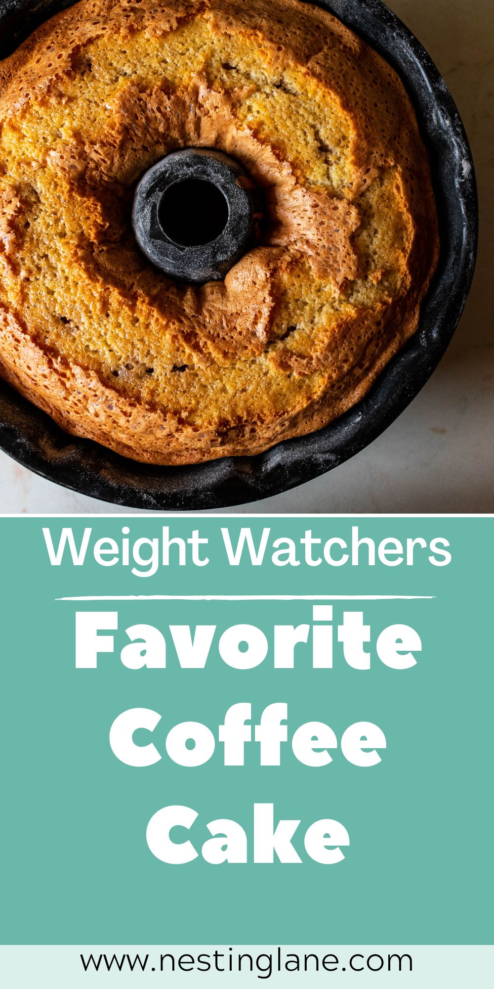 Graphic for Pinterest of Weight Watchers Favorite Coffee Cake Recipe with a teal background.