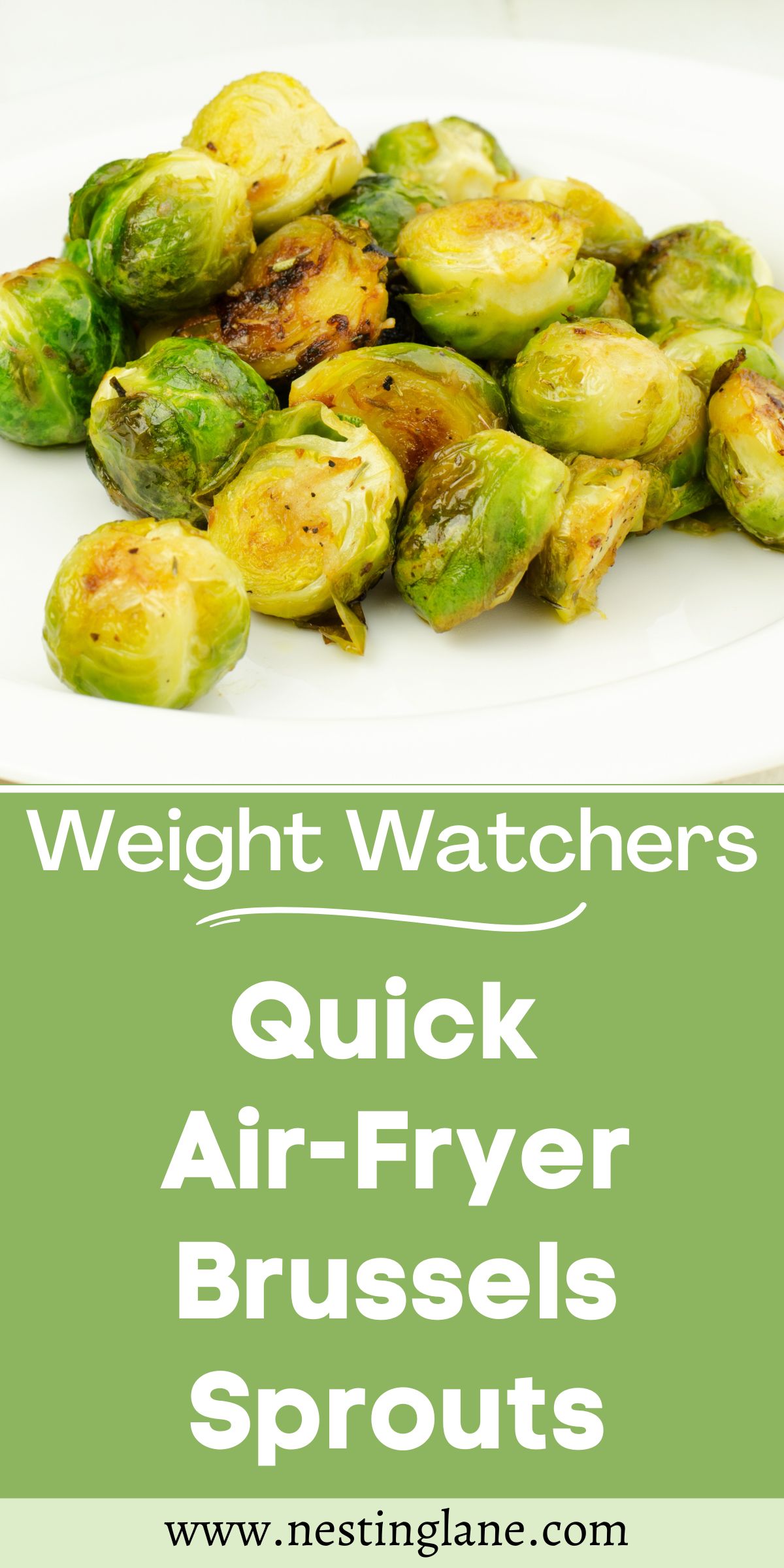 Graphic for Pinterest of Quick Air-Fryer Brussels Sprouts (Weight Watchers) Recipe