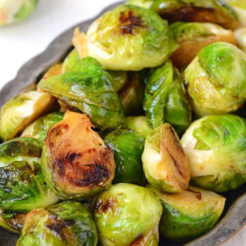 Quick Air-Fryer Brussels Sprouts (Weight Watchers) in a gray dish.
