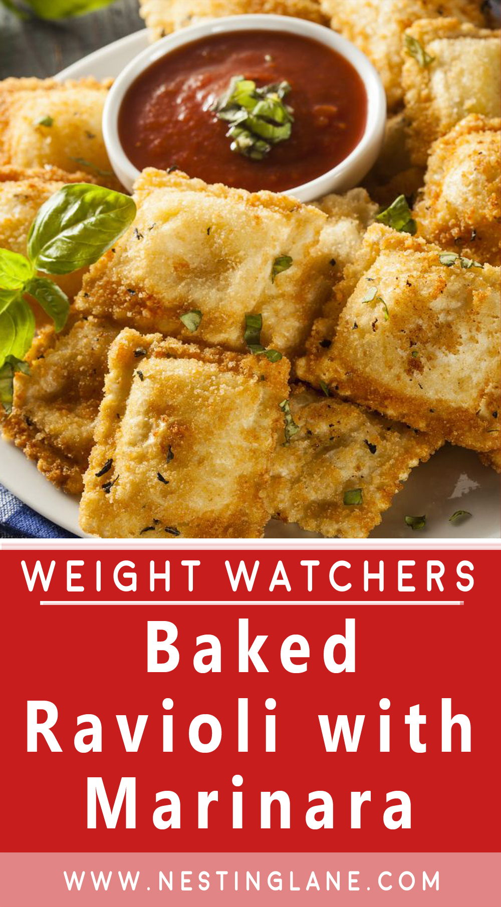 Graphic for Pinterest of Weight Watchers Baked Ravioli with Marinara Sauce Recipe.