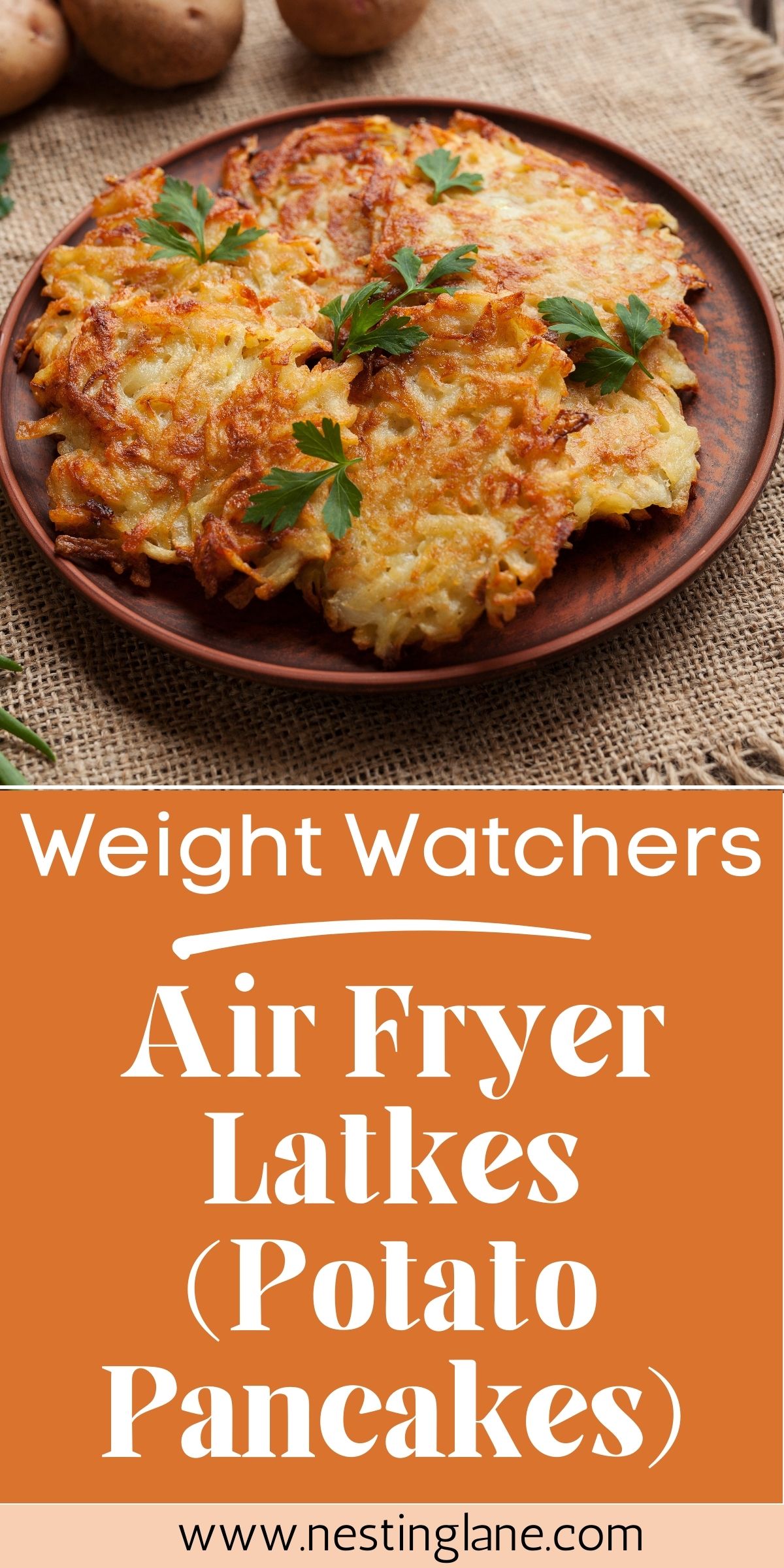 Graphic or Pinterest of Weight Watchers Air Fryer Latkes (Potato Pancakes) Recipe.