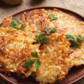 Weight Watchers Air Fryer Latkes (Potato Pancakes) on a brown plate.