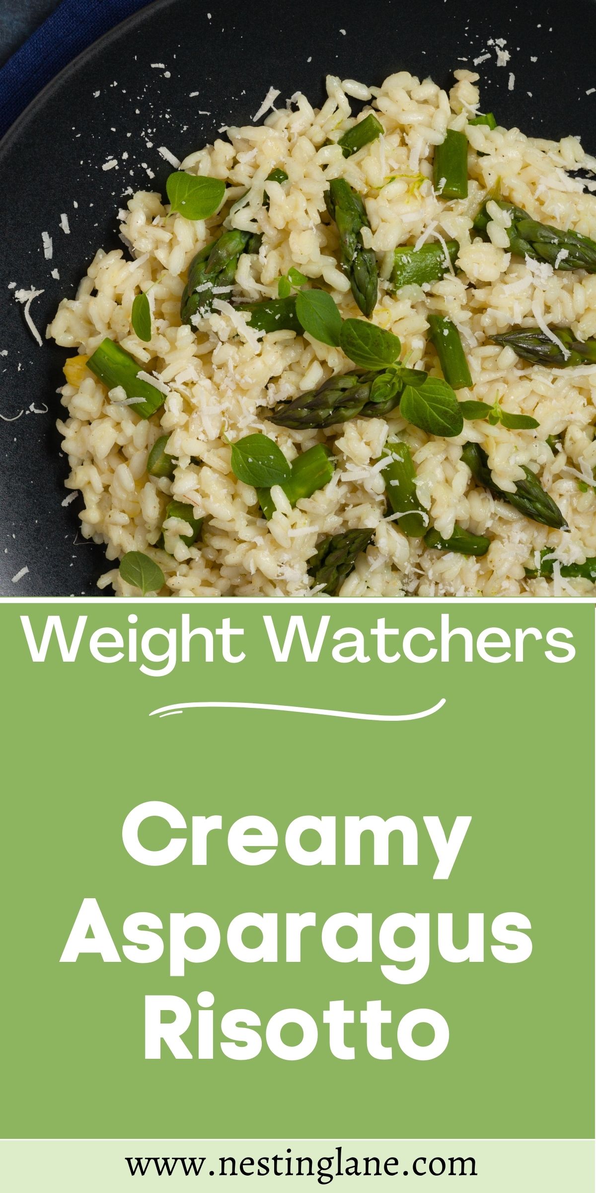 Graphic for Pinterest of Weight Watchers Creamy Asparagus Risotto Recipe.