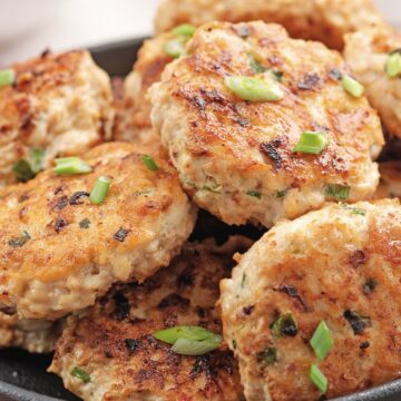 Closeup of a pile of Weight Watchers Chicken Pattie.