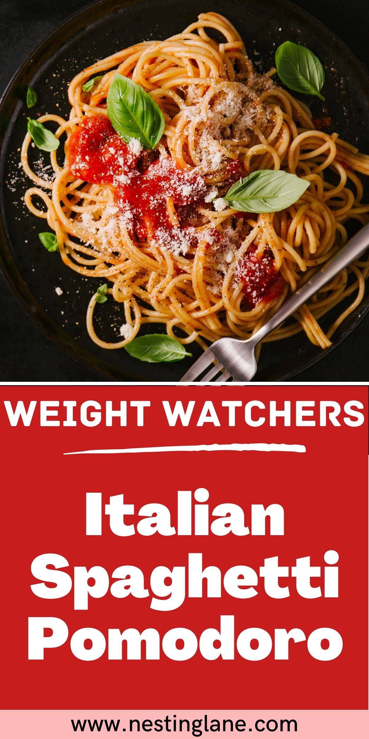 Graphic for Pinterest of Weight Watchers Spaghetti Pomodoro Recipe.