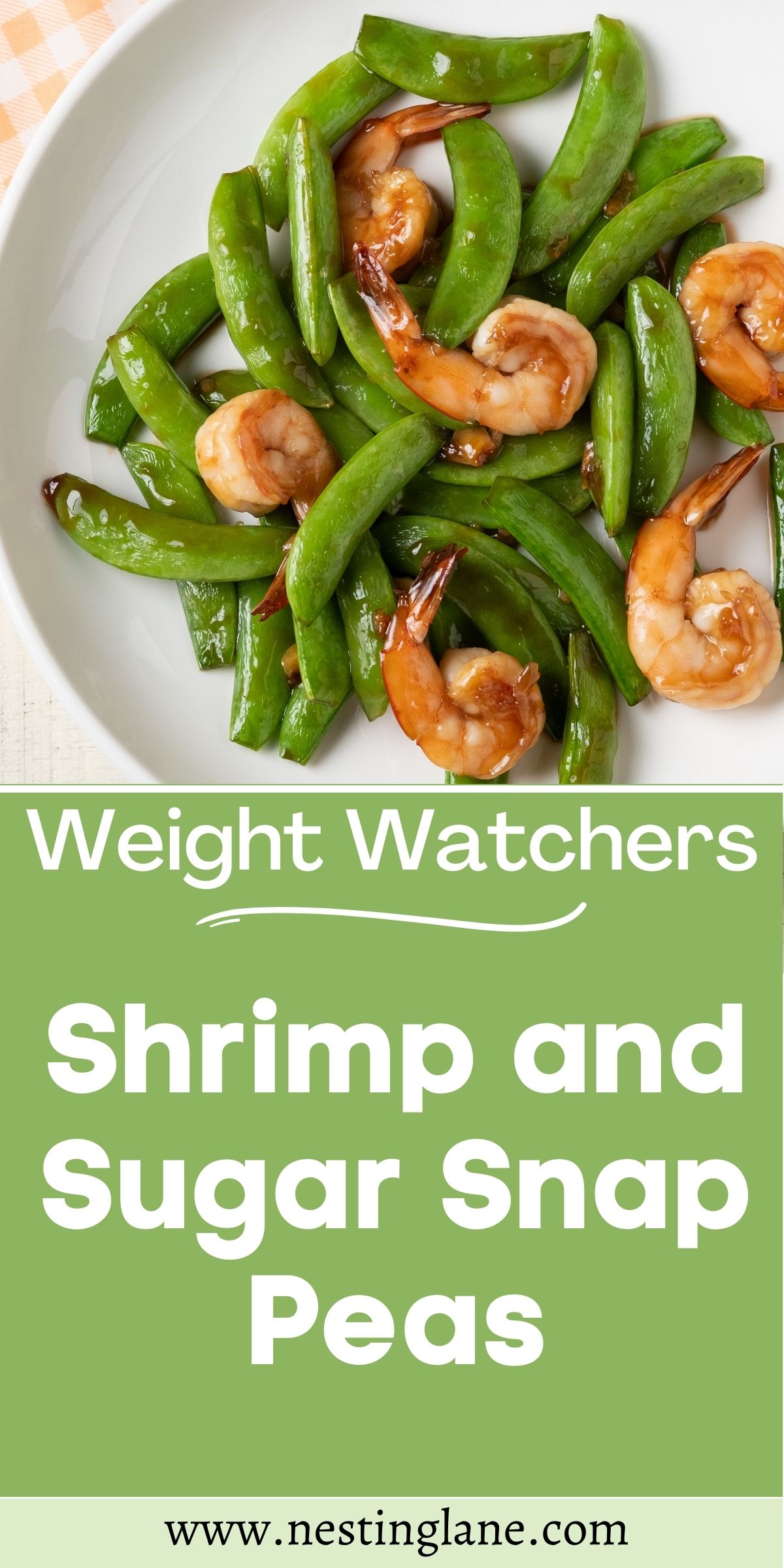 Graphic for Pinterest of Weight Watchers Shrimp and Sugar Snap Peas Recipe.