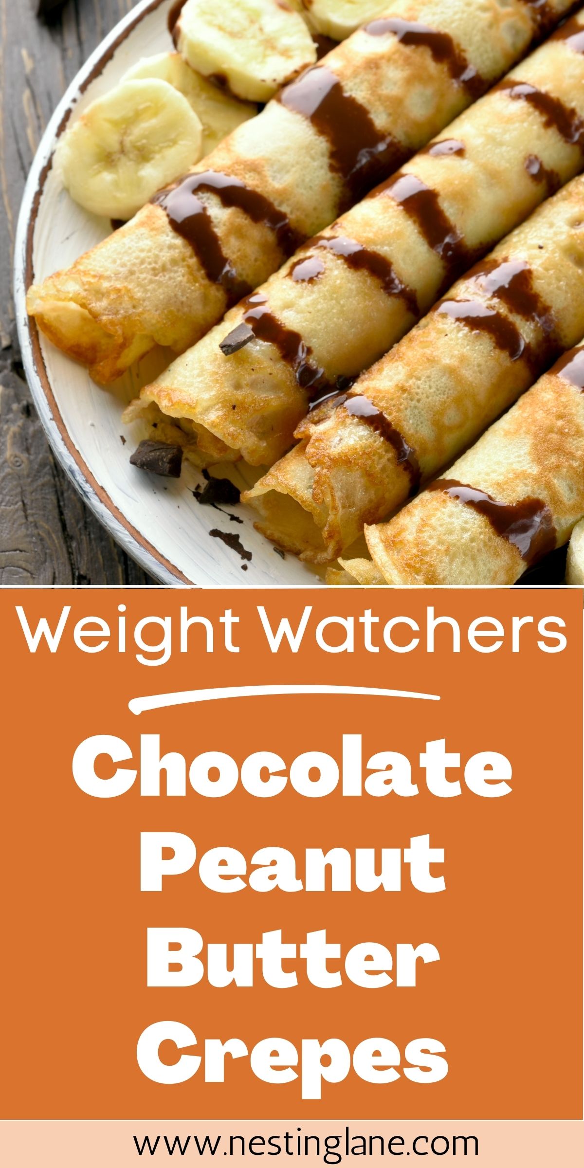 Graphic for Pinterest of Weight Watchers Chocolate Peanut Butter Crepes Recipe.