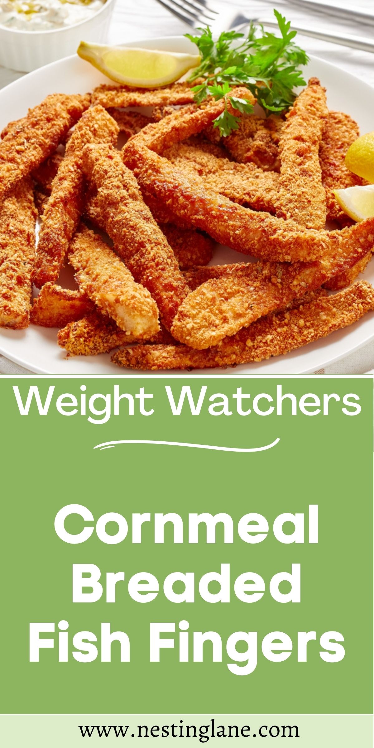 Graphic for Pinterest of Weight Watchers Cornmeal Breaded Fish Fingers.