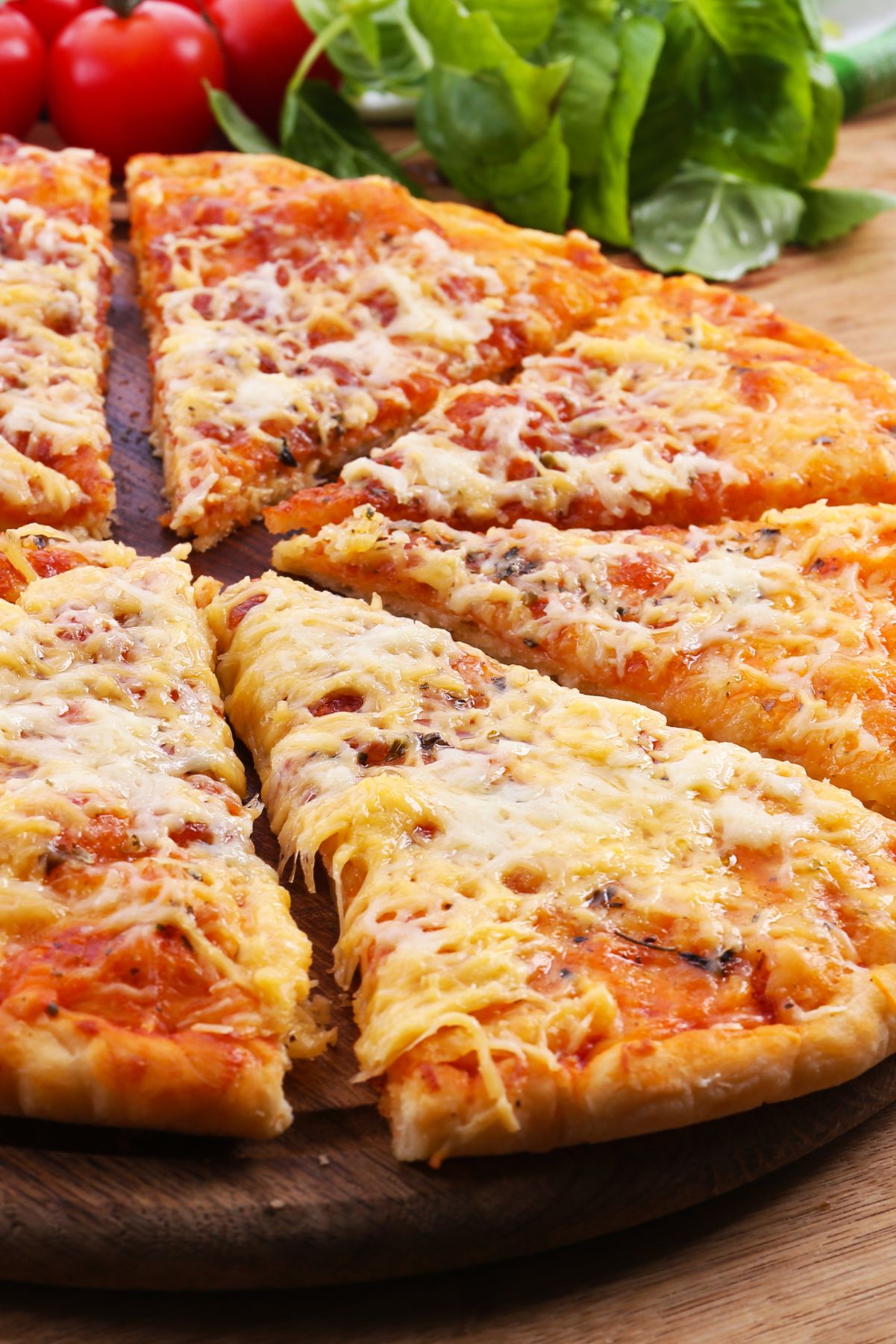 Closeup of sliced Easy Weight Watchers Tomato Pizza.