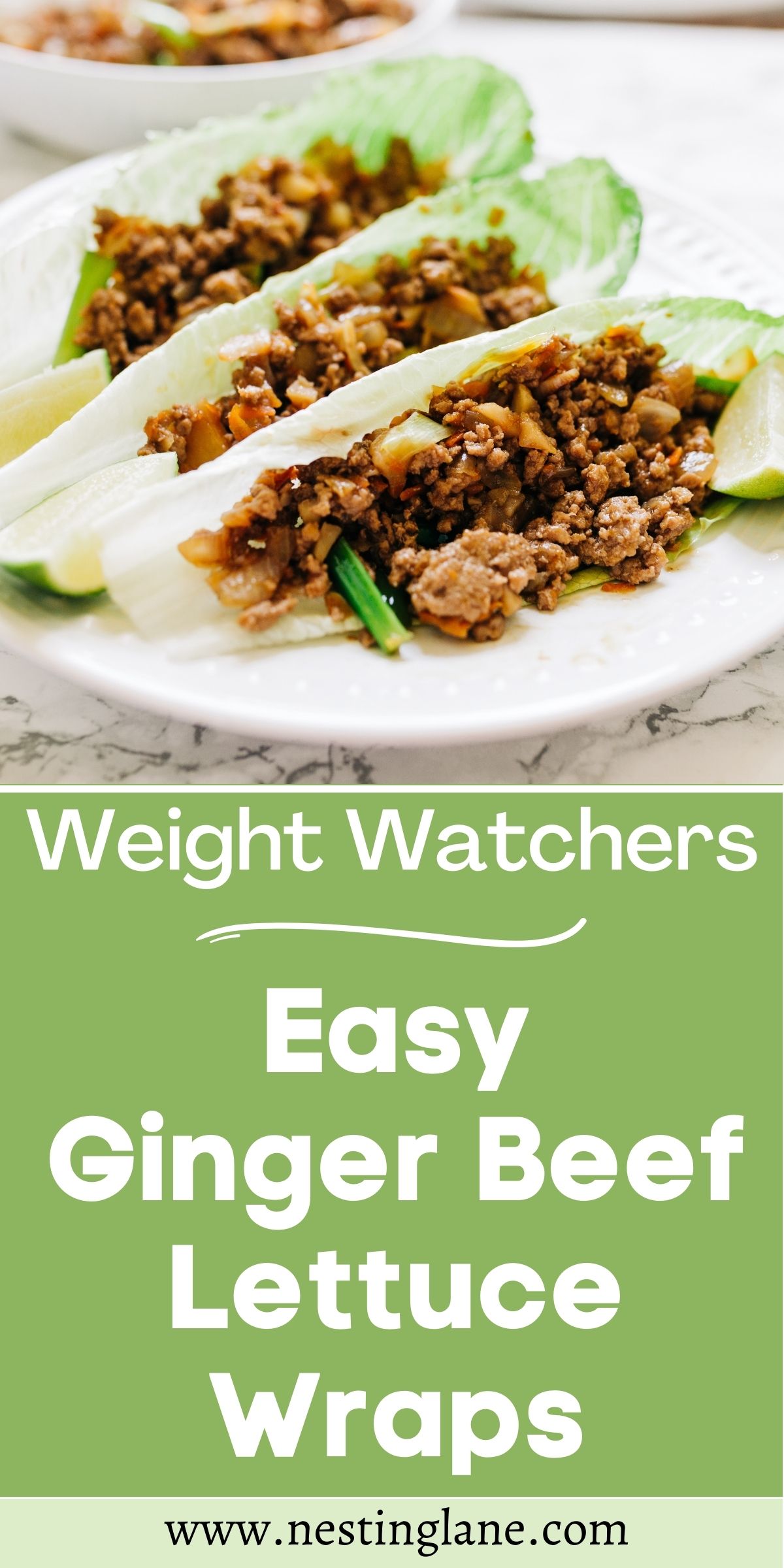 Graphic for Pinterest of Weight Watchers Ginger Beef Lettuce Wraps Recipe.