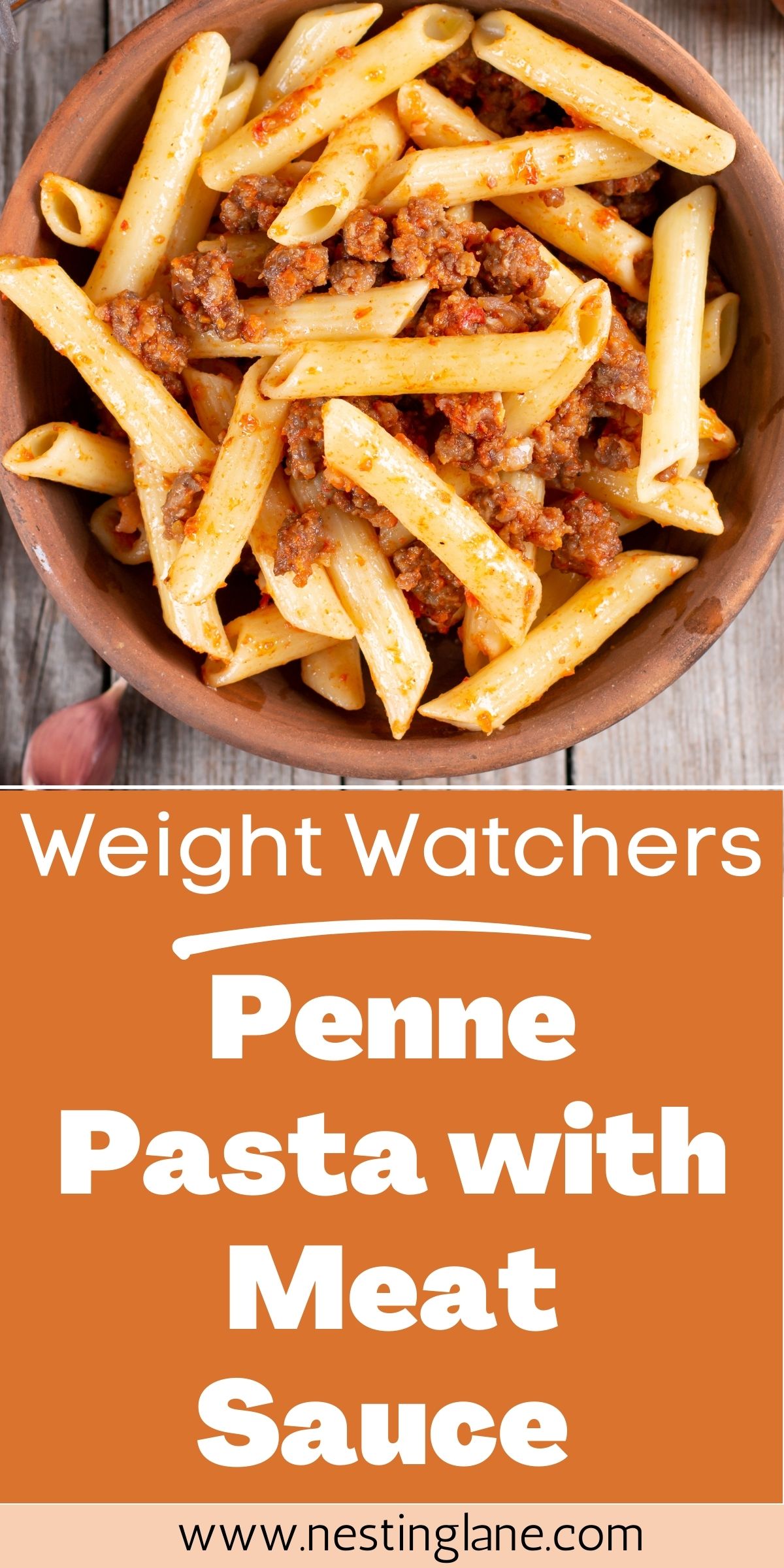 Graphic for Pinterest of Weight Watchers Penne Pasta with Meat Sauce Recipe.