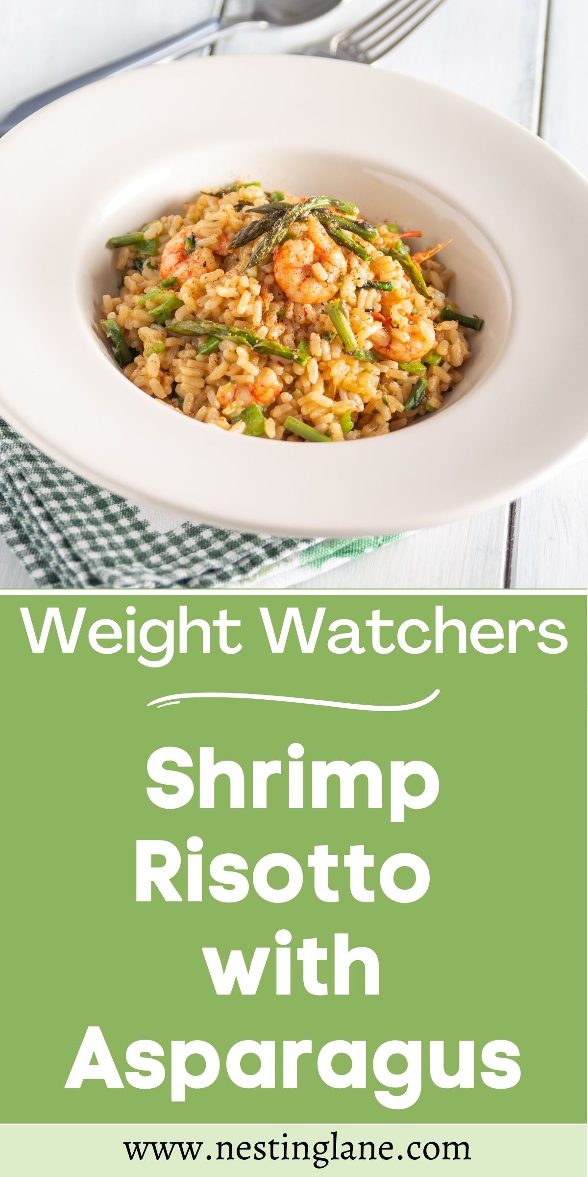 Graphic for Pinterest of Weight Watchers Shrimp Risotto with Asparagus Recipe.