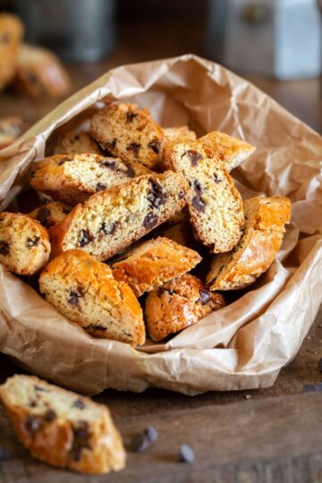 Low Fat Weight Watchers Chocolate Chip Biscotti in a brown paper bag.