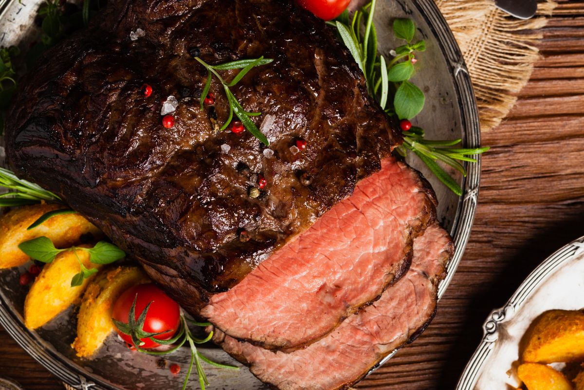 Easy Weight Watchers Roasted Brisket on a metal platter.