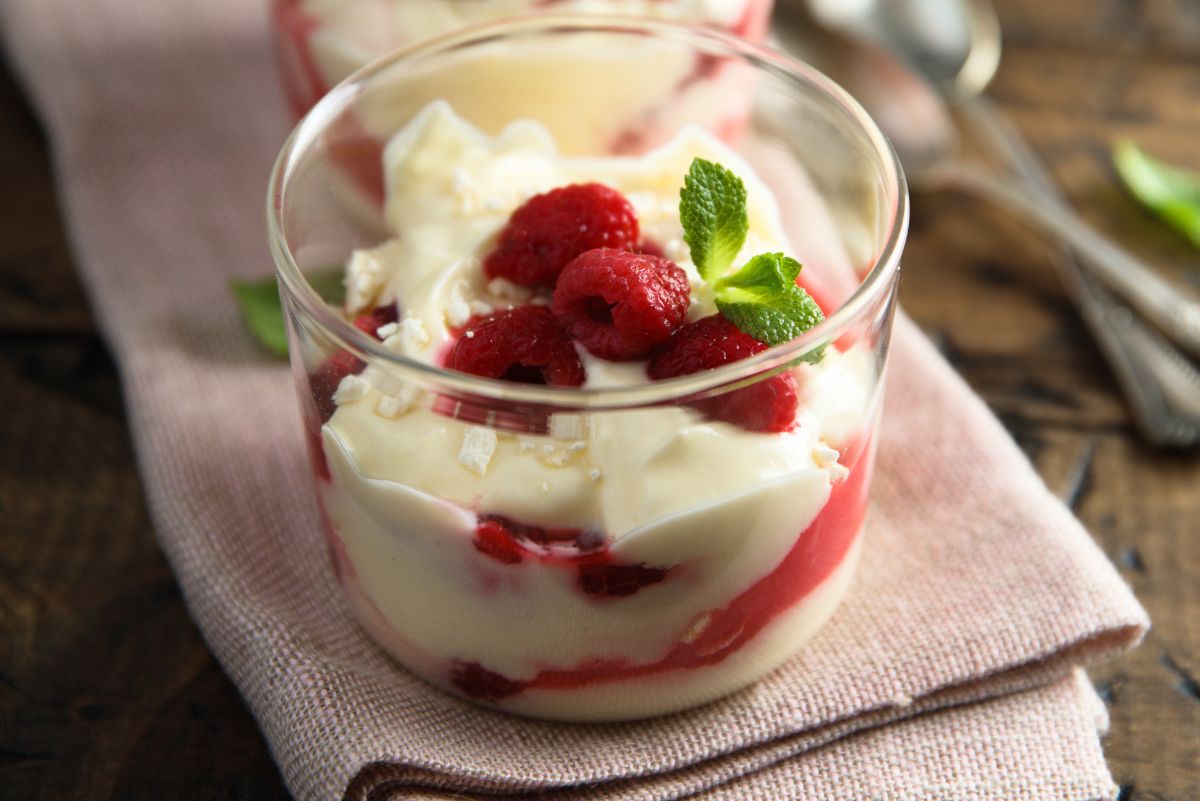 Closeup of Weight Watchers Raspberry Pudding Cups in a clear glass cup.