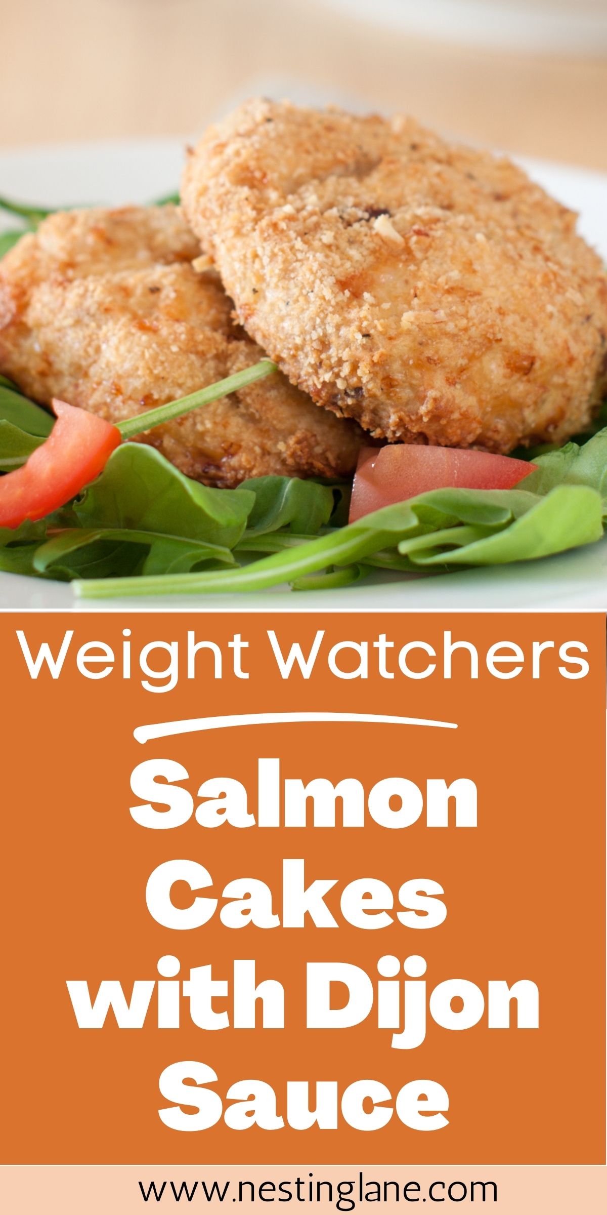 Graphic for Pinterest of Weight Watchers Salmon Cakes with Dijon Sauce Recipe.
