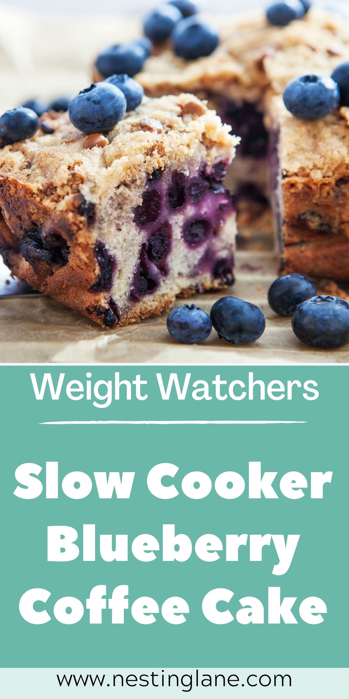 Graphic for Pinterest of Weight Watchers Blueberry Coffee Cake (Slow Cooker) Recipe.