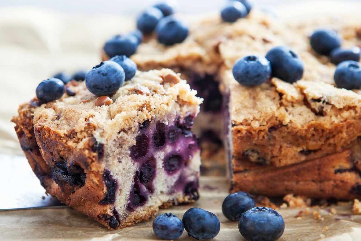 Weight Watchers Blueberry Coffee Cake (Slow Cooker) with one slice cut.