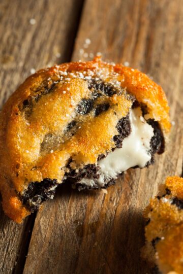 Closeup of a Weight Watchers Air Fryer Fried Oreo cookie cut in half.