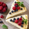 Closeup overhead view of Weight Watchers Berry Cheesecake Pie on a white plate.