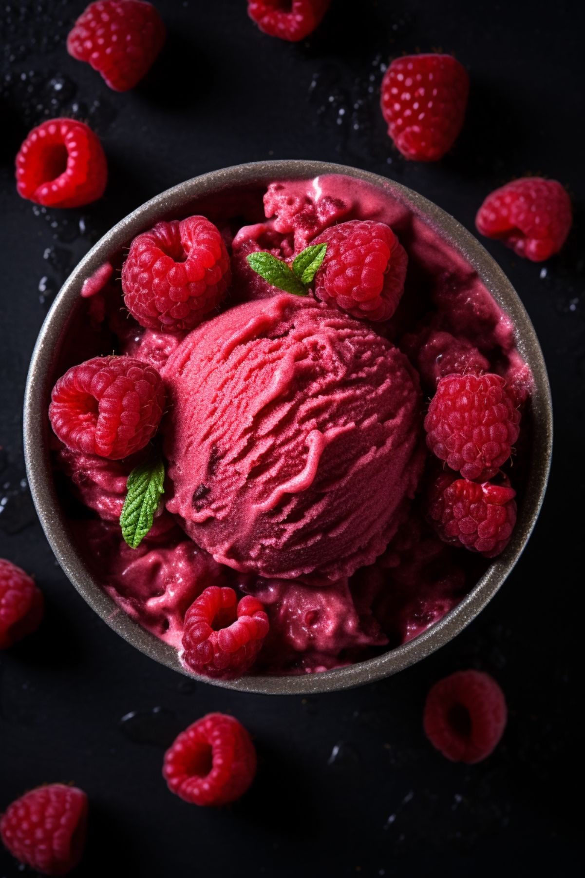 Weight Watchers Orange Raspberry Frozen Yogurt in a gray bowl with fresh raspberries.