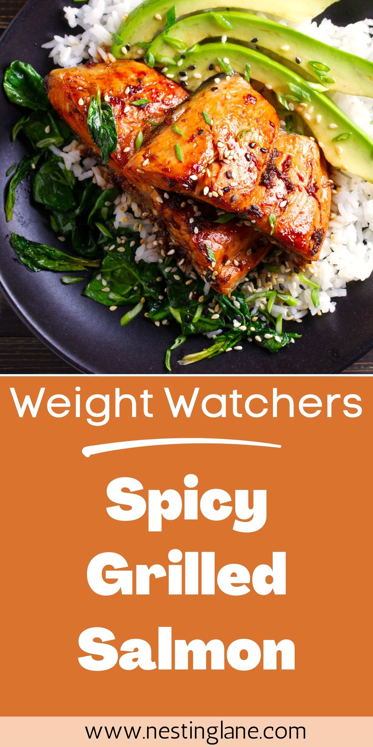 Graphic for Pinterest of Weight Watchers Spicy Grilled Salmon with Sesame Sauce Recipe.