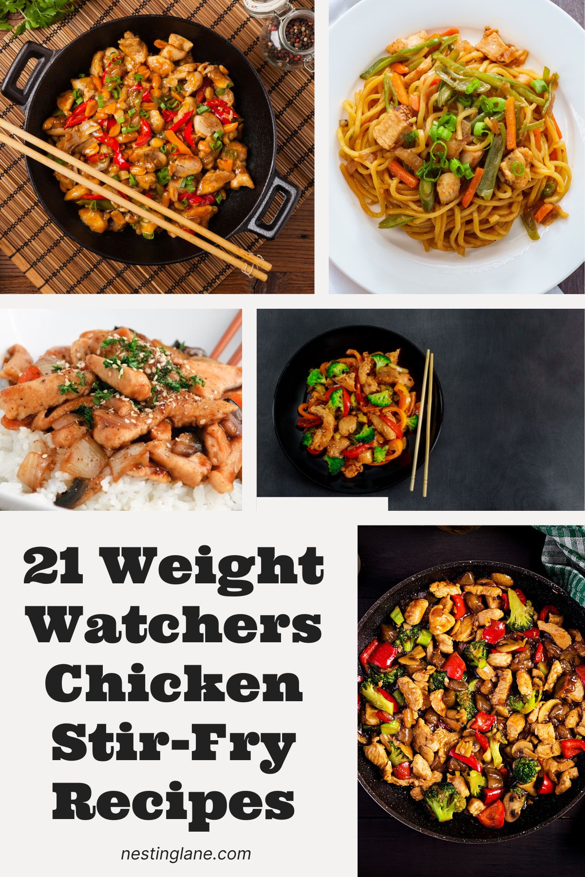 Graphic for Pinterest of 21 Weight Watchers Chicken Stir-Fry Recipes.