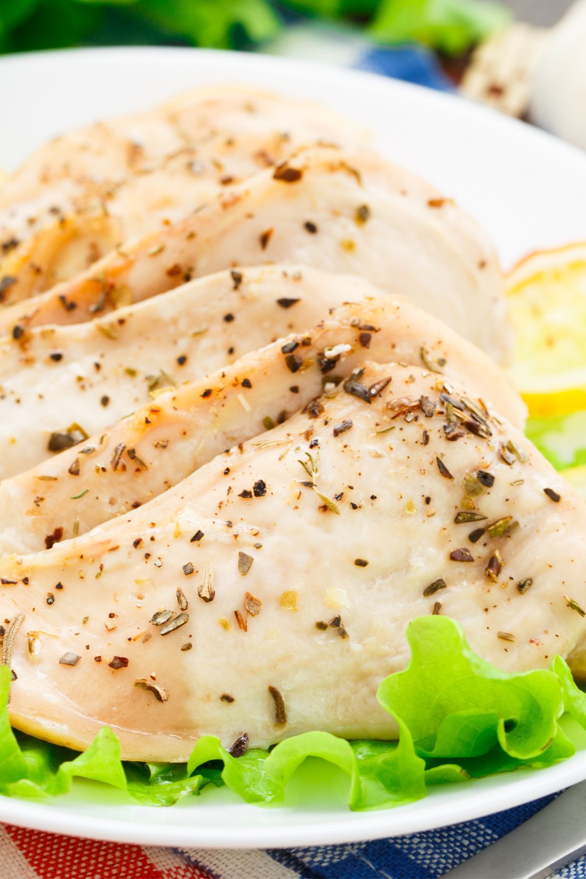 Closeup of Weight Watchers Crock Pot Lemon Garlic Chicken.