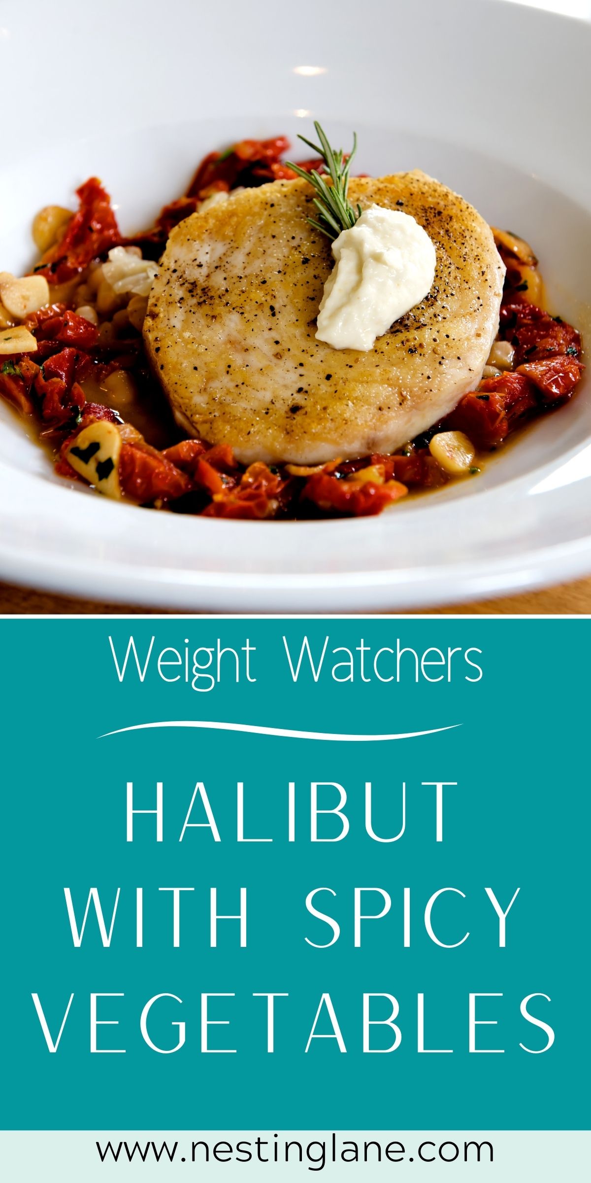 Graphic for Pinterest of Weight Watchers Halibut With Spicy Vegetables Recipe.