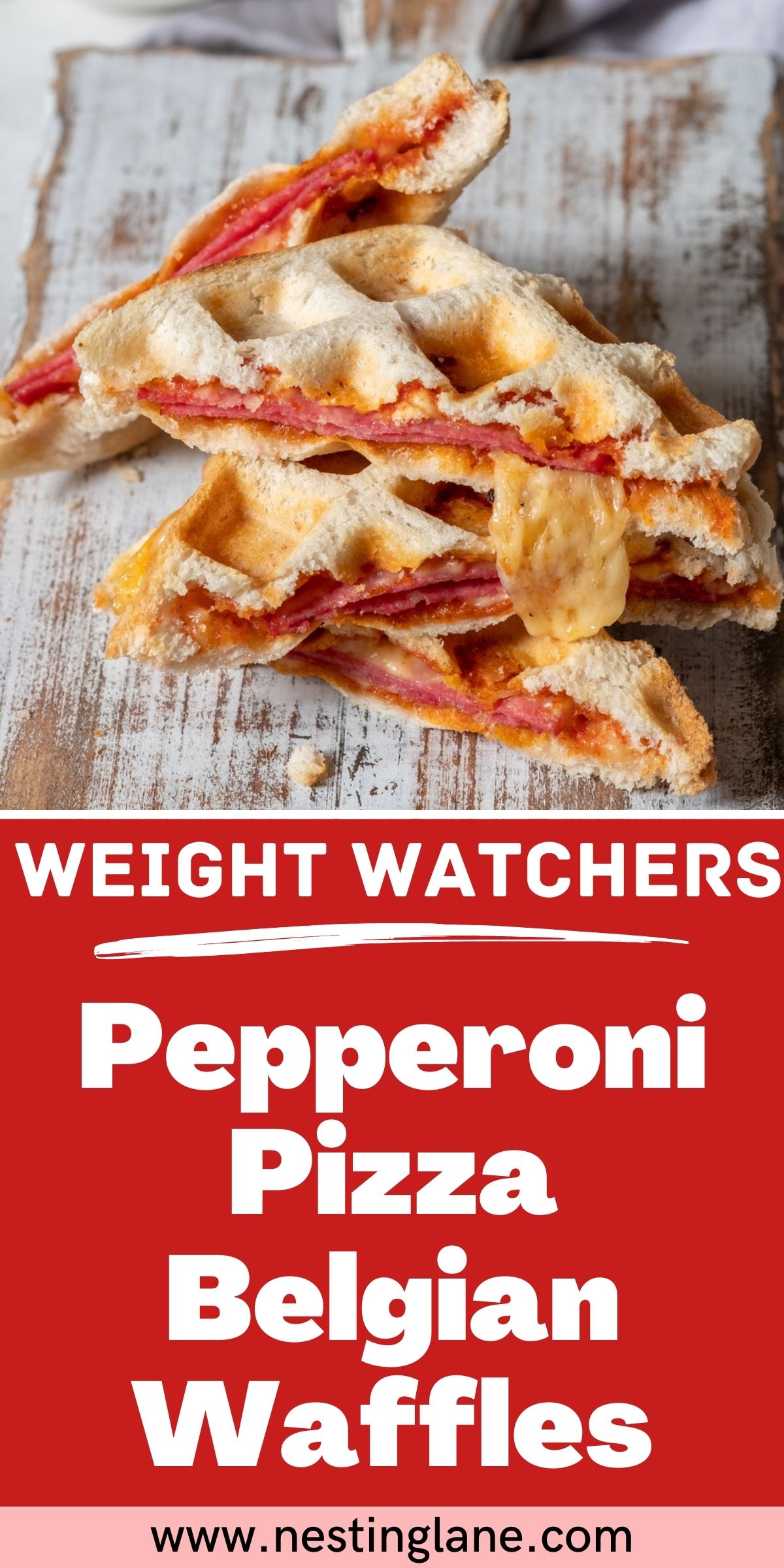 Graphic for Pinterest of Pepperoni Pizza Belgian Waffles (Weight Watchers) Recipe.