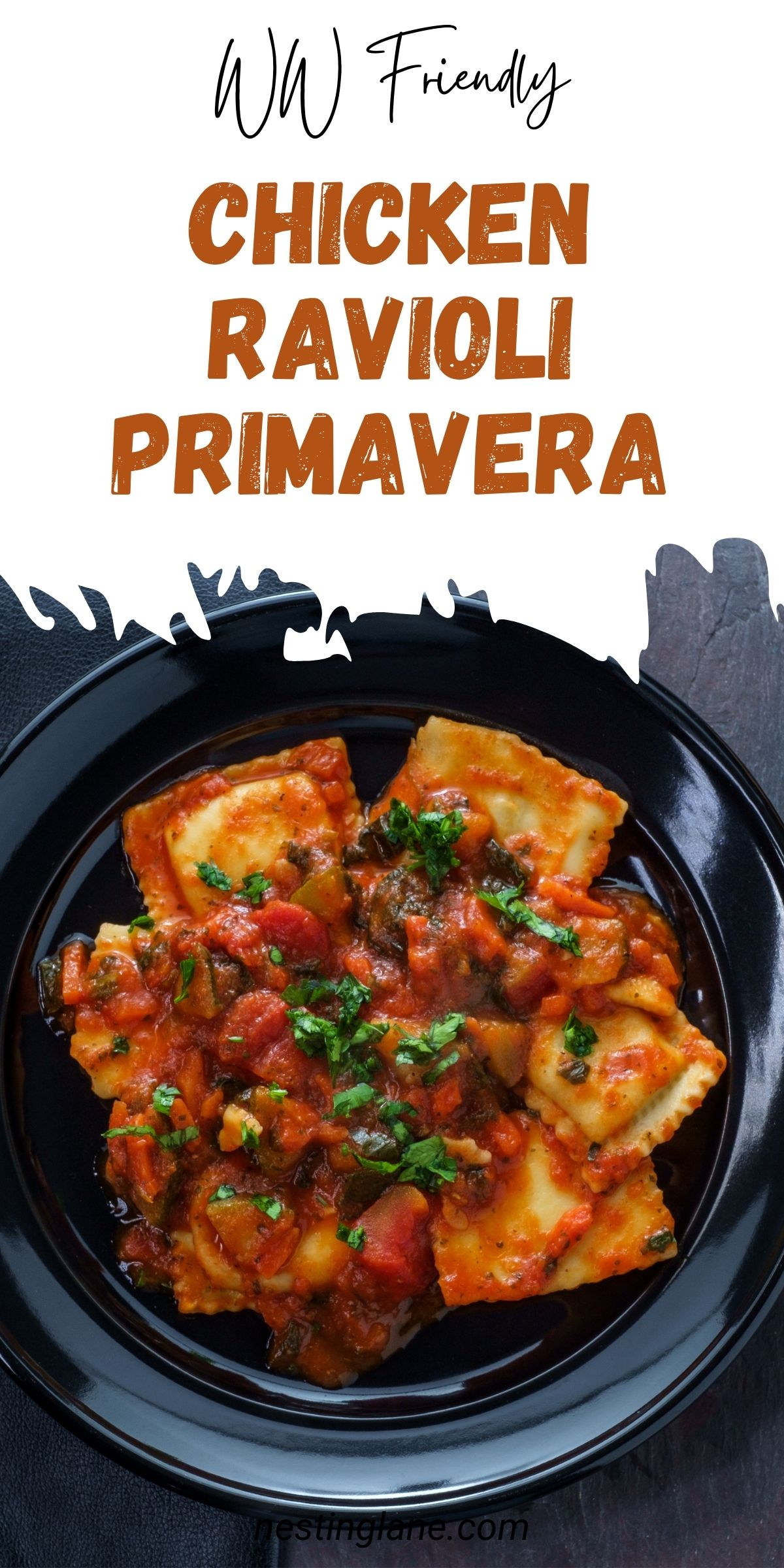 WW Friendly Chicken Ravioli Primavera Recipe graphic.