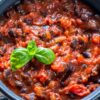 closeup of Weight Watchers Black Bean Chipotle Chili in a blue bowl.