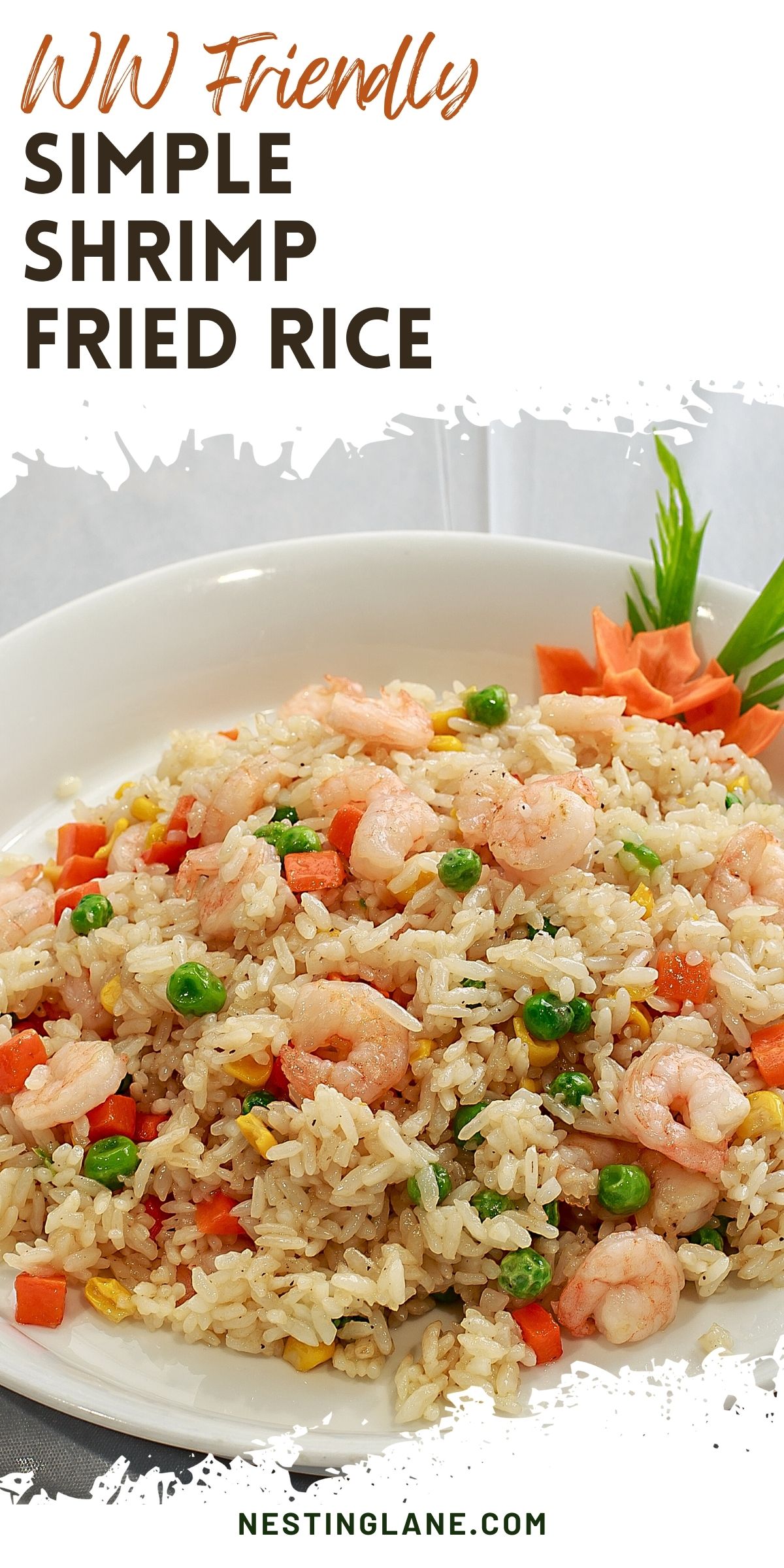Simple WW Friendly Shrimp Fried Rice Recipe in a white bowl on a white surface.
