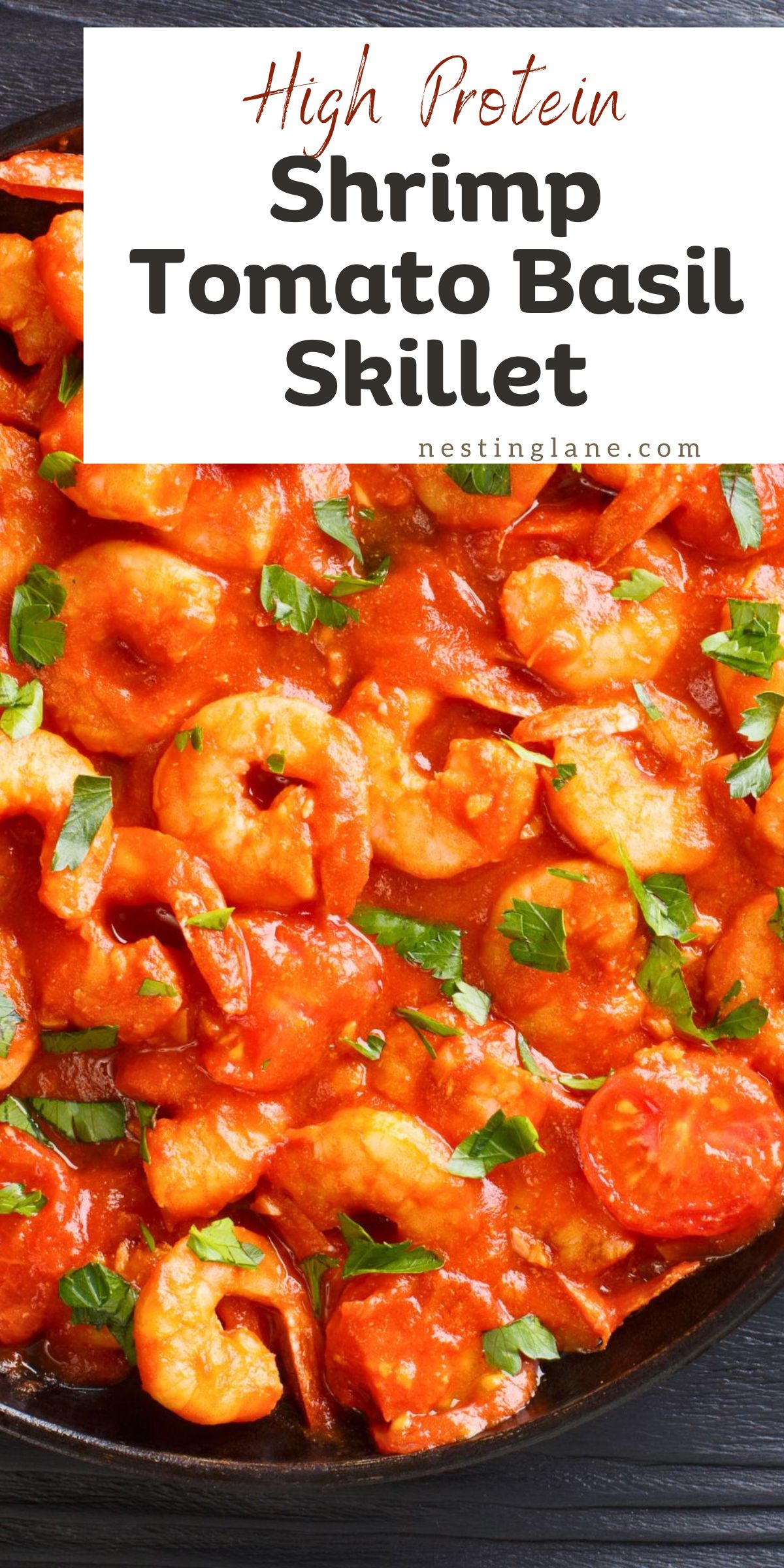 High Protein Low Calorie Shrimp Tomato Basil Skillet Graphic