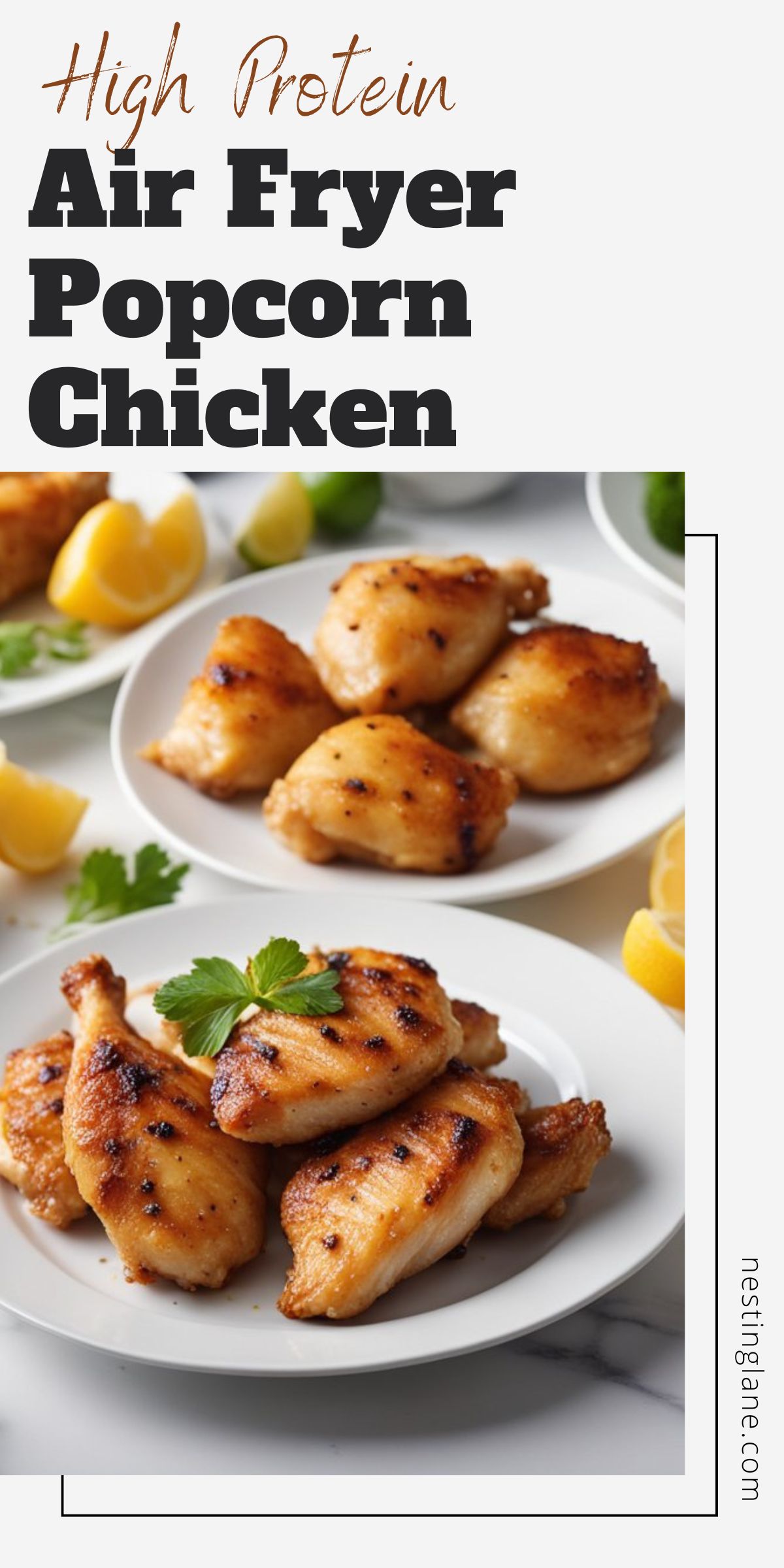 High Protein Air Fryer Popcorn Chicken graphic.