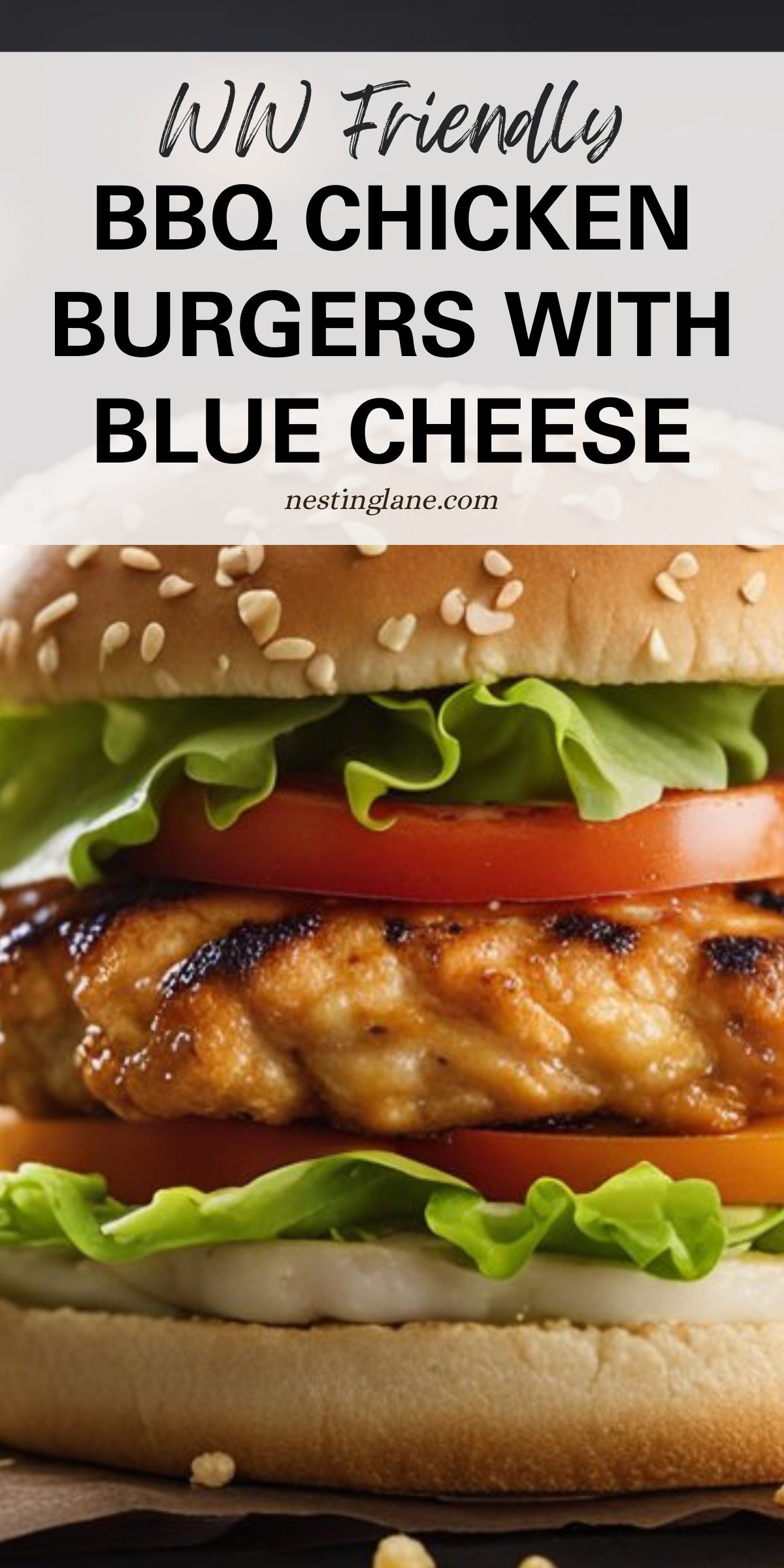 BBQ Chicken Burgers With Blue Cheese Crumbles Recipe graphic.