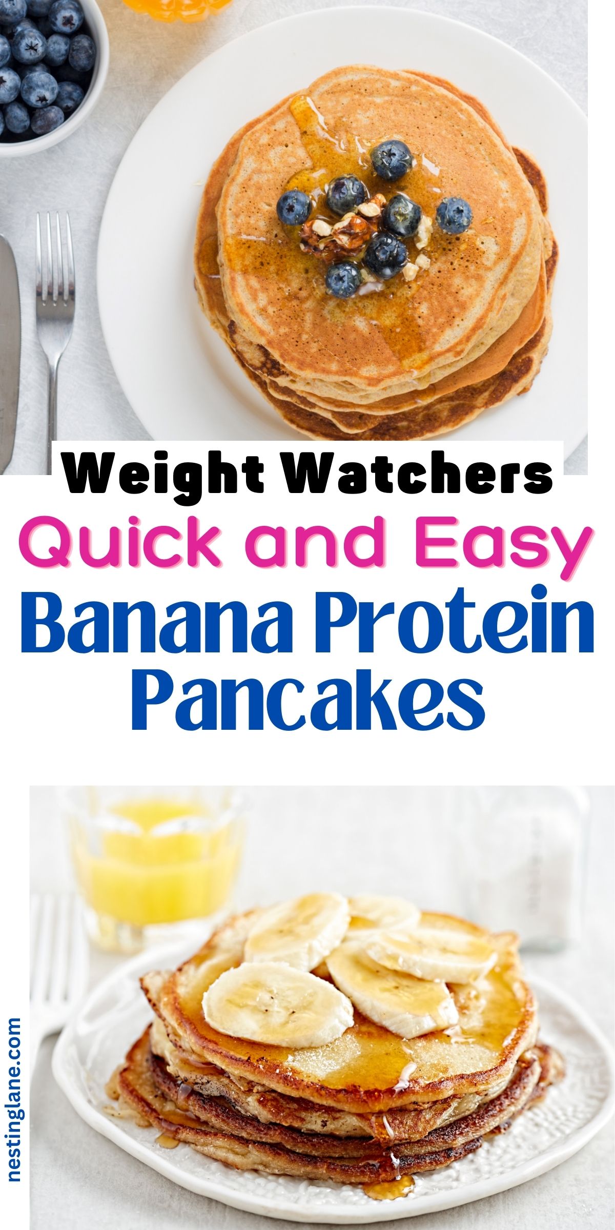 Quick Weight Watchers Banana Protein Pancakes graphic.