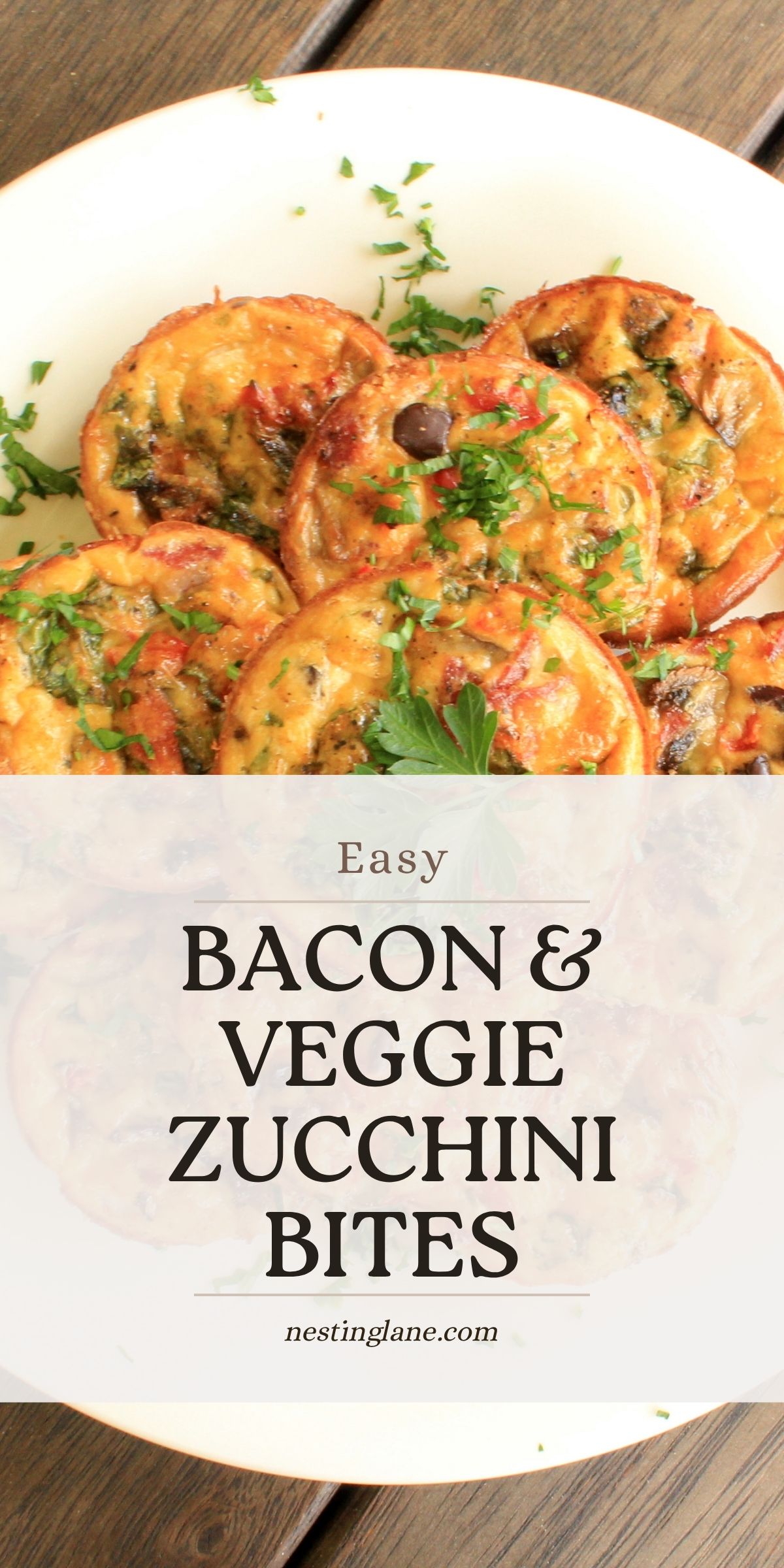 Overhead view of Bacon & Veggie Zucchini Bites on a white plate.