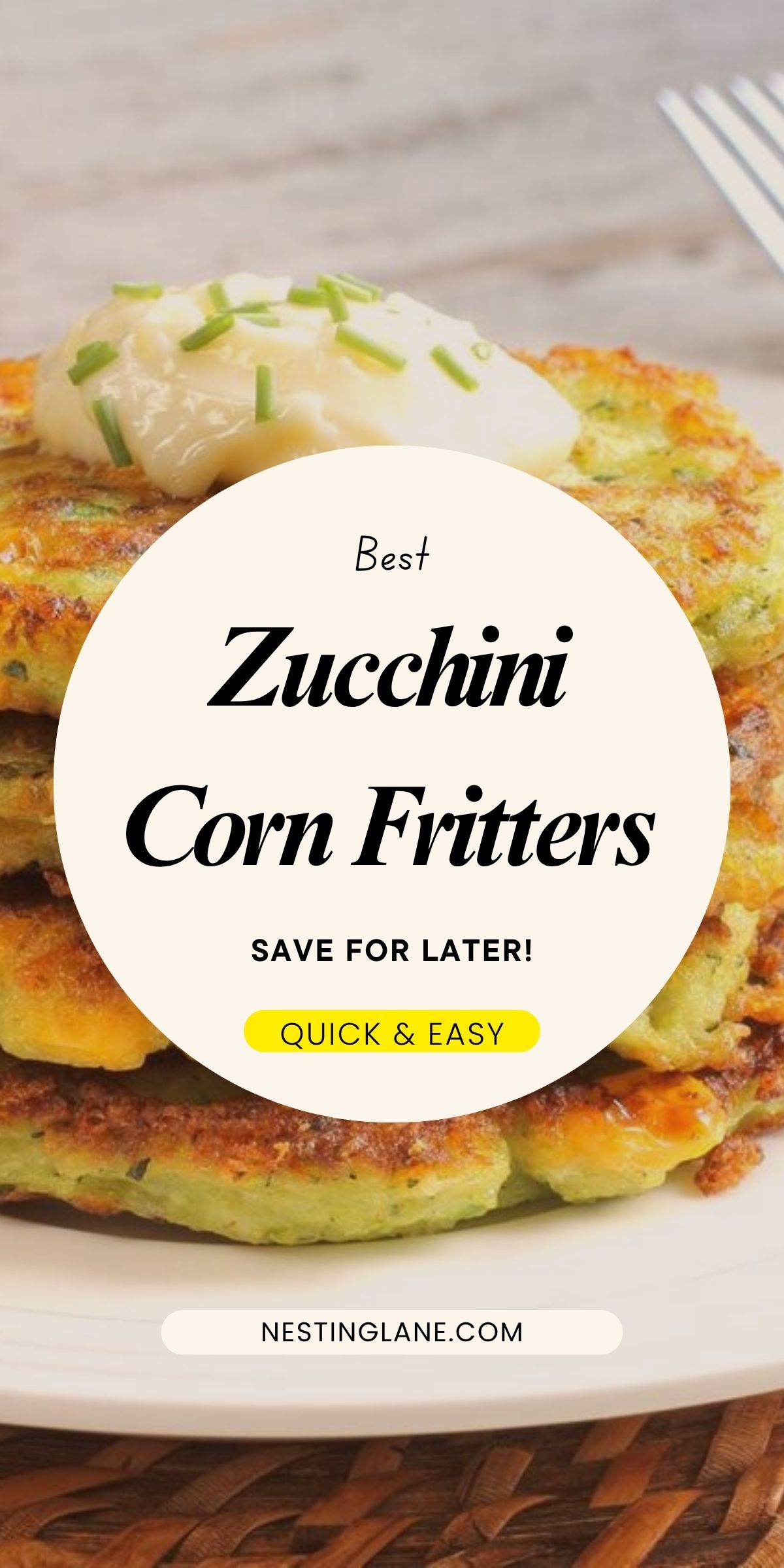 A stack of Crispy Zucchini Corn Fritters on a white plate.