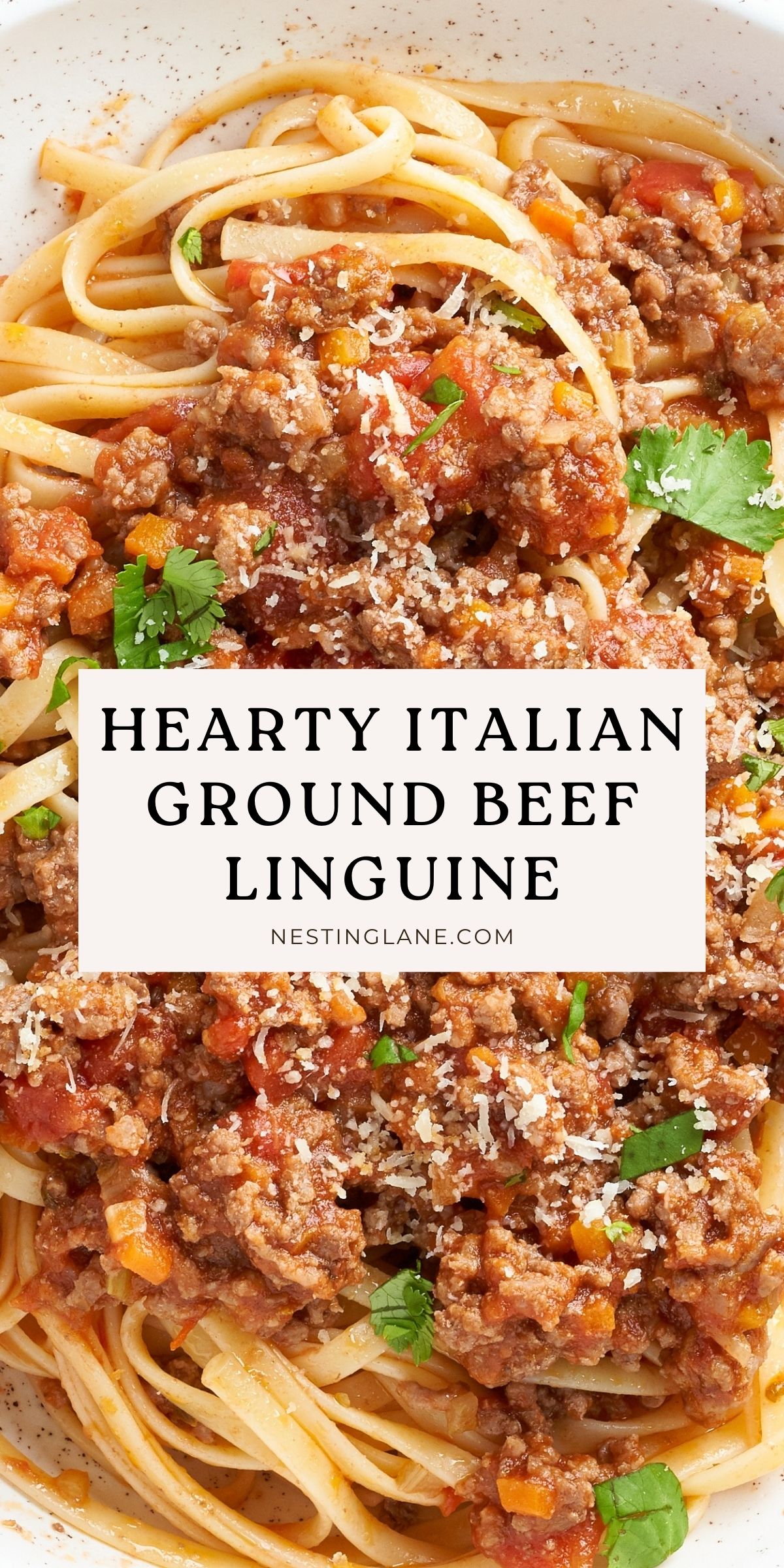 A bowl of hearty Italian ground beef linguine topped with a rich tomato meat sauce, fresh parsley, and grated Parmesan cheese. Text overlay in bold black letters reads “Hearty Italian Ground Beef Linguine” with “NESTINGLANE.COM” below.