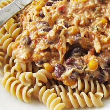 Slow Cooker Creamy Chicken and Black Beans on a white plate