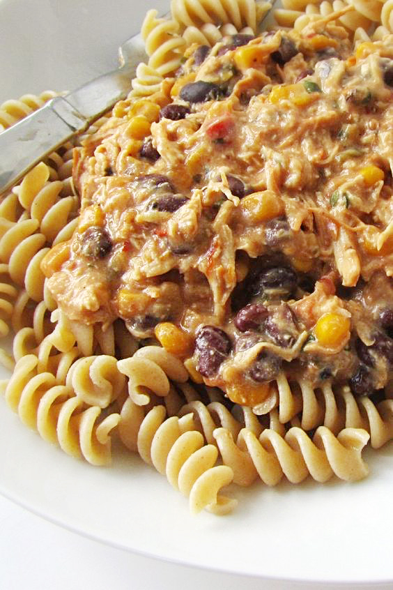 Slow Cooker Creamy Chicken and Black Beans on a white plate