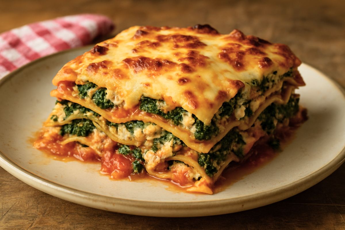 Square slice of ground chicken and spinach lasagna with ricotta, layered pasta and bubbly browned mozzarella, resting in tomato sauce on a beige plate. Rustic wood table with a blurred red-and-white check napkin in back. Italian comfort food, high-protein dinner recipe, chicken lasagna with spinach and ricotta.
