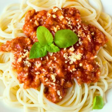 Spaghetti noodles topped with homemade spaghetti sauce made with ground turkey, chunky tomato meat sauce, grated Parmesan, and fresh basil leaves. Served on a white plate on a rustic wooden table with a neutral cloth napkin.